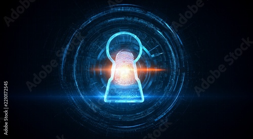 Cyber Security Padlock Icon with Glowing Blue Digital Circuit Circles and Orange Light Effect