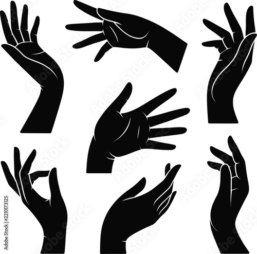 Collection of black hand silhouettes displaying various expressive gestures