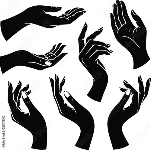 Black silhouette hands in various gestures against a white background