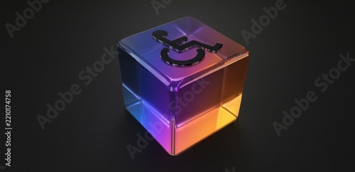 Iridescent Metallic Cube with Abstract Logo on Black Background