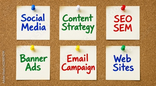 Digital Marketing Strategy Services on Cork Board with Sticky Notes