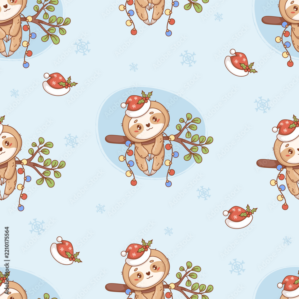 Obraz premium Christmas Cute Kawaii Sloth Seamless Pattern. New Year Animal Character Hanging on Branch with Santa Hat with Mistletoe and Garland Baubles on Light Blue Background. Holiday Vector Illustration.