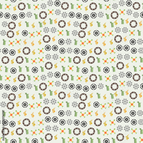Seamless pattern of floral and bamboo motifs