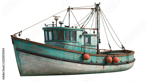 Weathered teal and white wooden fishing boat with orange buoys and rigging