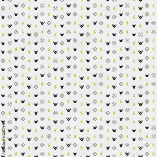 Seamless pattern of small grey, black, and yellow floral and leaf