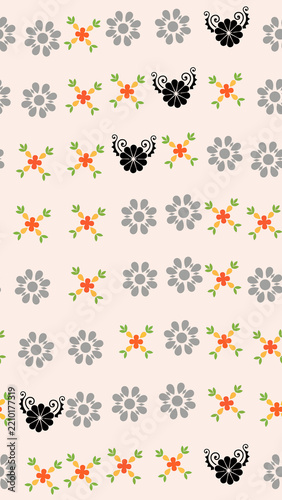 Seamless pattern of three floral motifs in gray, orange, and black