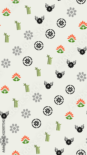 Seamless pattern with bamboo and floral icons