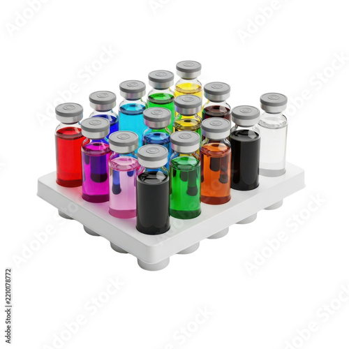 A modern laboratory rack holding 19 vials of colorful liquid chemicals and reagents