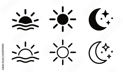 Time of the day icon. Morning, noon, and nighttime icons. Sun, moon, and sunrise, icons vector illustration for stock, apps, website, dinner, breakfast and lunch timing.