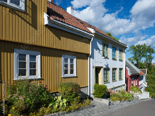 Old wooden houses in Damstredet the historic center of Oslo. 