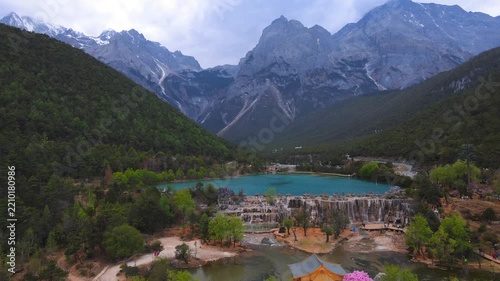 Scenic Turquoise Lakes and Waterfalls in Blue Moon Valley, Jade Dragon Snow Mountain, China in Blue Moon Valley, Jade Dragon Snow Mountain, Yunnan, China