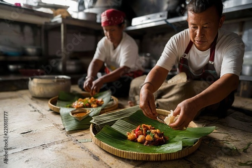 Women skillfully prepare local dishes on the floor of a bustling warung kitchen during a vibrant culinary session
