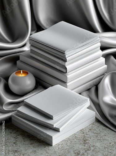 Elegant display of stacked gray papers and a candle beside luxurious satin fabric in a serene setting