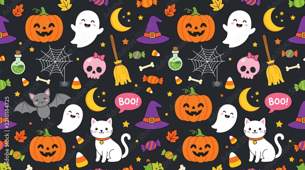 Obraz premium Seamless halloween vector pattern featuring cute cartoon pumpkins ghosts bats and witch hats on dark background