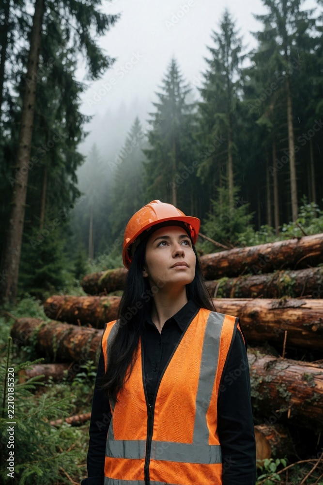 Obraz premium Confident female forester wears orange hard hat, safety vest in misty forest. Woman looks up at trees near stacked timber logs. Pro worker manages sustainable logging, nature conservation project in