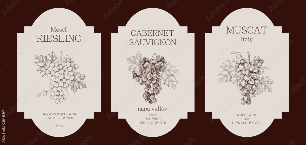 Obraz premium Wine labels with hand drawn grapes illustrations in vintage style