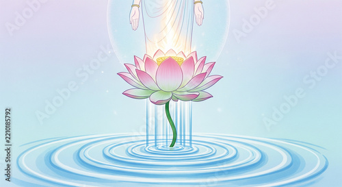 Pink lotus flower blooming on water with divine glowing light and ethereal hands representing enlightenment