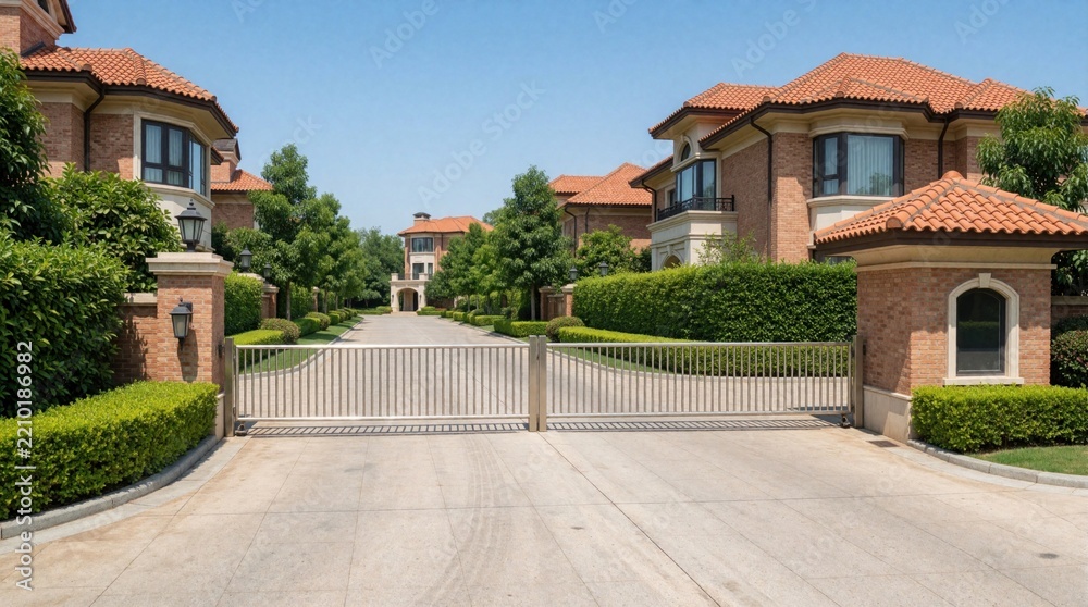 Obraz premium Entrance of luxury gated community with large red tile roof houses. Closed metal gate secures private residential street. Green manicured hedges, trees, paved driveway lead to upscale villas under