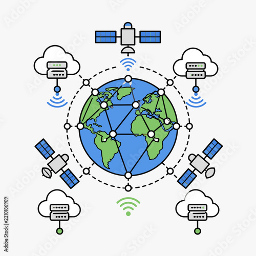 Global digital network and satellite communication vector illustration with cloud servers and earth globe