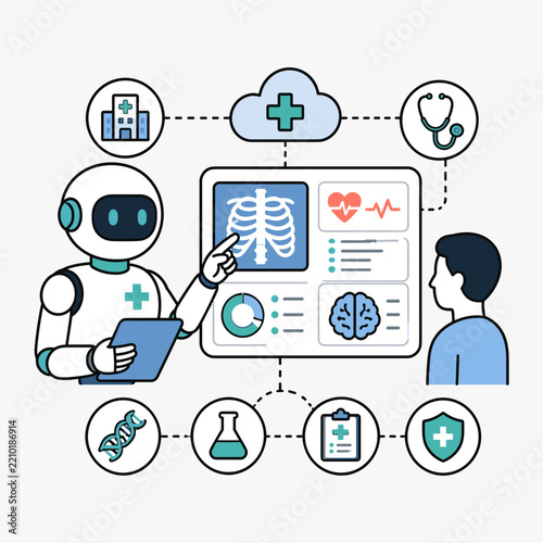 AI healthcare robot medical diagnosis vector illustration with patient data and hospital icons