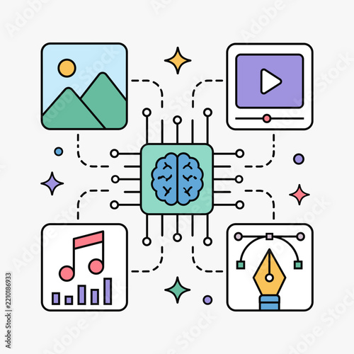 Generative AI creative content vector illustration with image, video, audio, and design generation icons