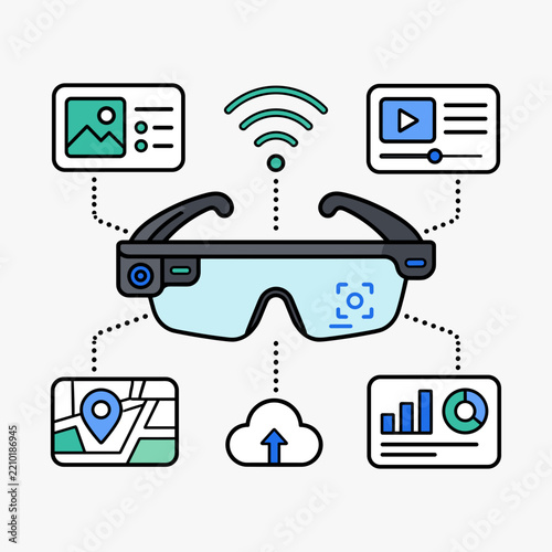 Smart glasses augmented reality AR technology vector illustration with application icons