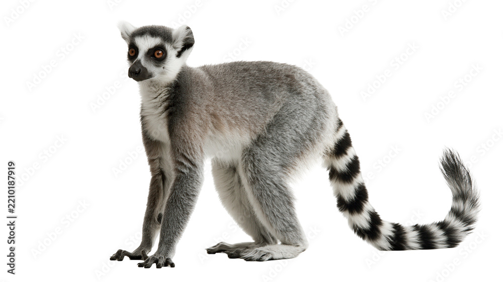 Fototapeta premium Ring-tailed lemur with grey fur and long striped tail standing in profile