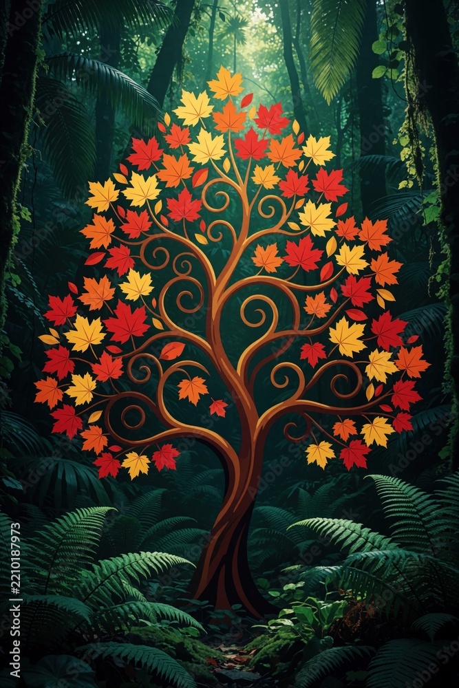 Obraz premium Stylized autumn tree with colorful orange, red maple leaves in enchanted forest. Fantasy illustration shows swirling branches among green ferns, jungle plants. Magical seasonal nature scene with fall