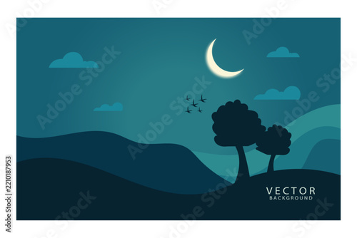 Minimal Night Landscape Vector Background with Crescent Moon, Hills and Trees