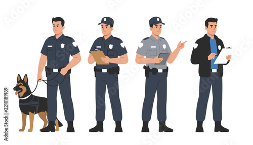Group of professional police officers in different uniforms including a K9 handler, patrol officer, and plainclothes investigator.