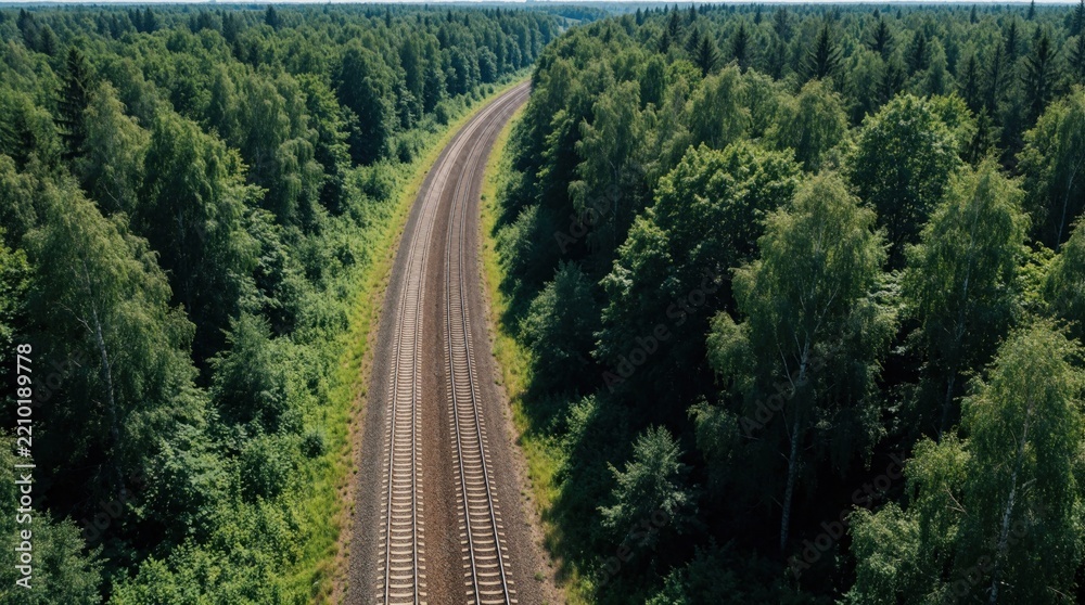 Obraz premium Aerial view of empty railway tracks winding through dense green forest. Long train route cuts through woodland trees. Peaceful nature landscape with railroad path for transport. Quiet countryside