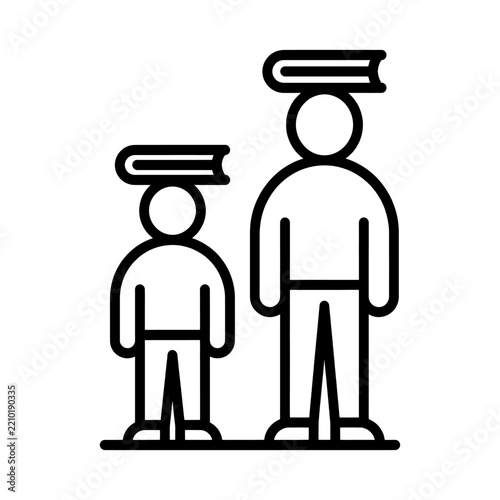 Icon of two people of different heights balancing books on their heads, representing education and learning