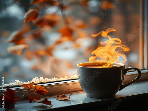 Steaming cup of hot coffee on a windowsill during a cozy autumn day.