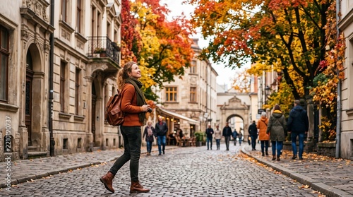 Young Woman Walking Through Charming Cobblestone City Street in Autumn With Backpack and Camera