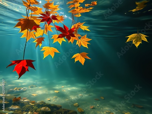 Colorful autumn maple leaves floating underwater in clear lake with sun rays streaming down.