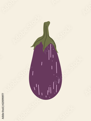 Purple eggplant with a green stem. A flat illustration of the vegetable on a light beige background.