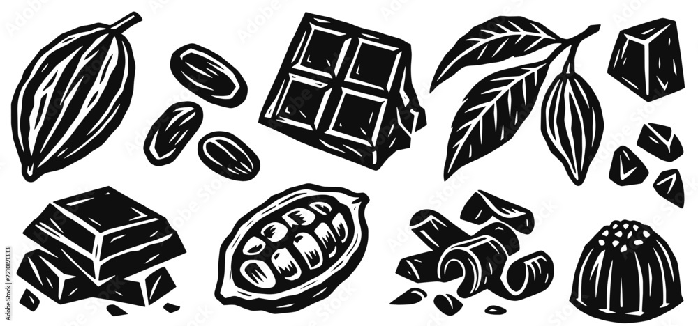 Fototapeta premium Cocoa chocolate linocut icon set. Cacao pods, raw beans, broken bars, curled shavings and decorative praline confectionery. Hand drawn black vector illustration in vintage woodcut print style.