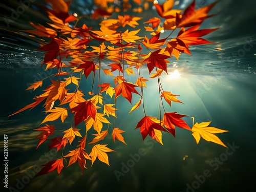Vibrant autumn maple leaves floating on dark water surface with soft sunlight rays.