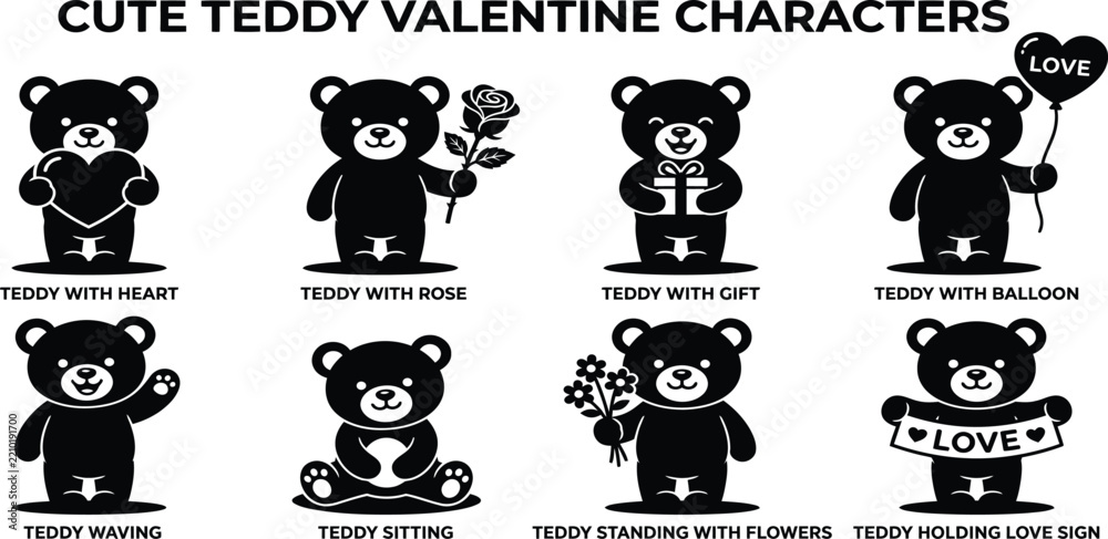 Obraz premium Cute Teddy Bear Love Icons Set Romantic Valentine’s Day Bear Collection
