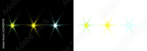 Six Point Sparkling Starburst Lens Flare Light Effect Set with Glowing Golden Yellow and White Rays for Graphics   