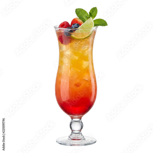 Refreshing tropical cocktail garnished with fresh berries and citrus fruit