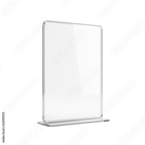 Clear acrylic table tent sign mockup standing on white background