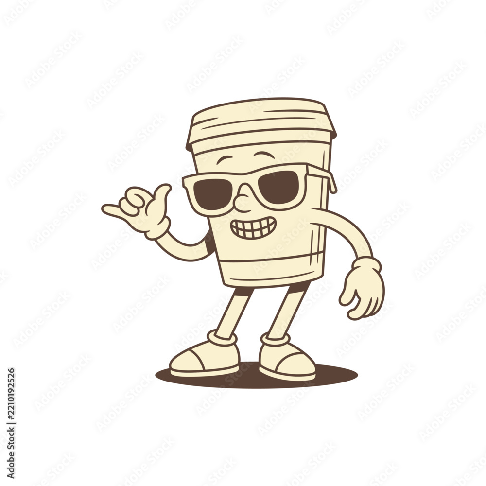 Obraz premium Cool summer coffee paper cup cartoon character contoured vector flat illustration. Funky smiling minimalist caffeine morning hot beverage mascot in stylish sunglasses surf gesture