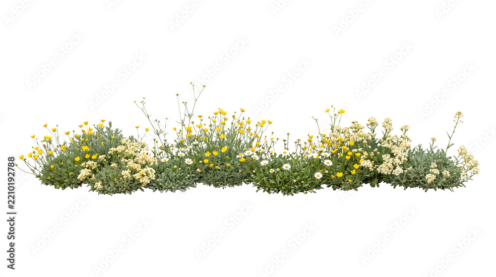 Fototapeta premium Horizontal border of flowering garden plants and wildflowers with yellow and white blossoms isolated on black background for professional landscape architectural rendering and design.