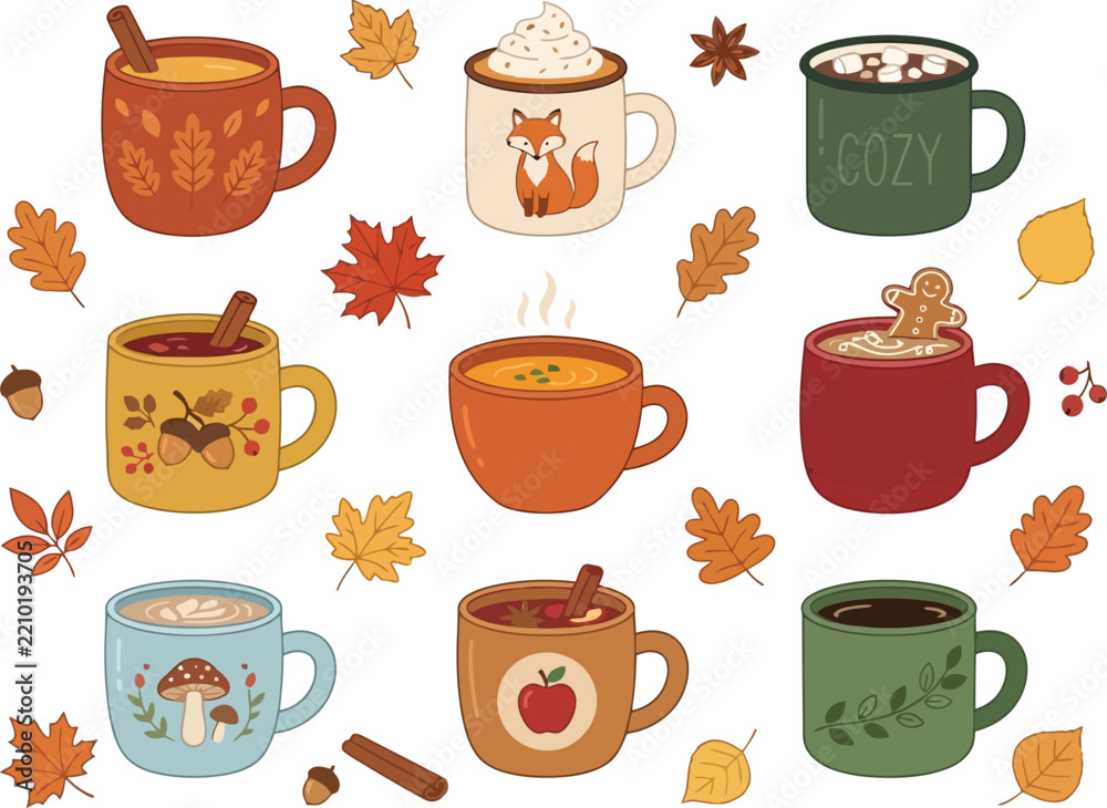 Obraz premium A collection of nine cozy autumn themed mugs decorated with seasonal patterns and warm beverages.