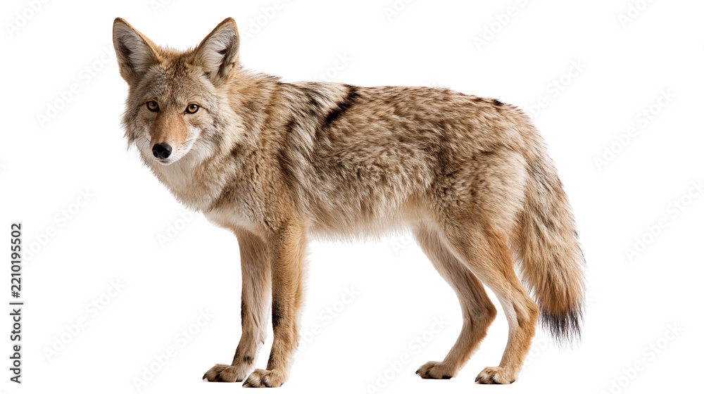 Fototapeta premium Full body side view of a standing North American coyote with thick brown fur