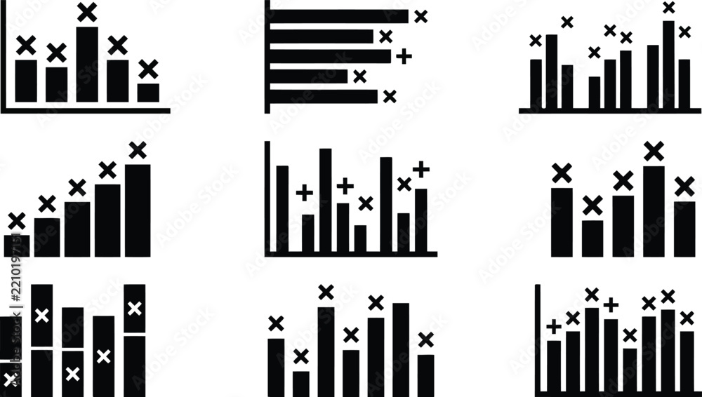 Obraz premium Set of black silhouette bar chart with various data points marked by crosses and plus signs for business and statistical analysis