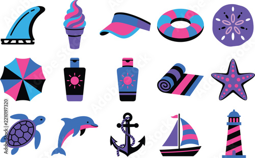 Coastal resort vacation items featuring skeg surfboard fin soft serve cone sun visor sand dollar sea star cetacean