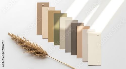 Earthy Neutral Color Palette Cards with Dried Grass on White Surface
