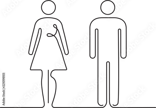 Restroom sign and restroom icons EPS vector illustration featuring continuous line art of a woman and man bathroom symbol graphic design